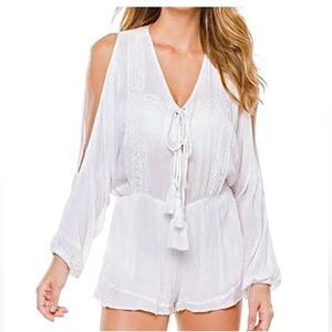 NWT Elan Slit Sleeve Neck Tassel Dolman Romper Coverup White Boho M